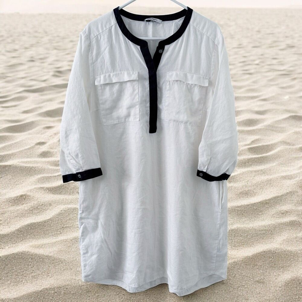 DKNYC White Linen Tunic Dress Beach Coverup XL 100% Linen Lightweight Coastal
